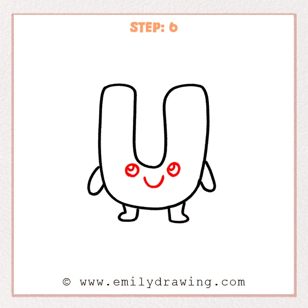how to draw a bubble letter u - A bubble letter U character with two round eyes that have highlights and a curved smiling mouth on the front.